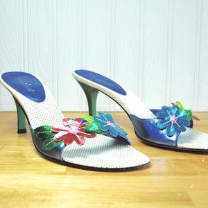 Spring shoes kitten heel mules, bright metallic blue with flowers Sz 7.5M